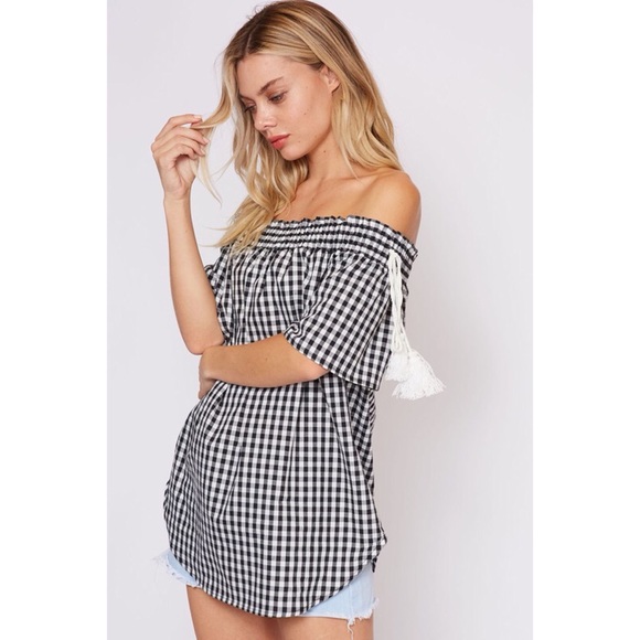 LAST ONE! Off Shoulder Gingham Print Top - Picture 2 of 3